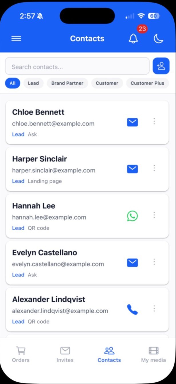 DFS Companion contacts list with lead and customer tags