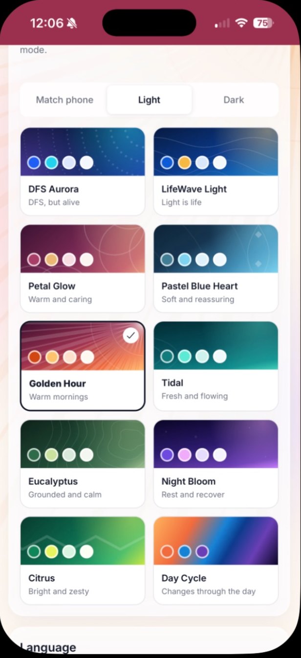 The DFS Health colour theme picker showing all ten themes in light mode